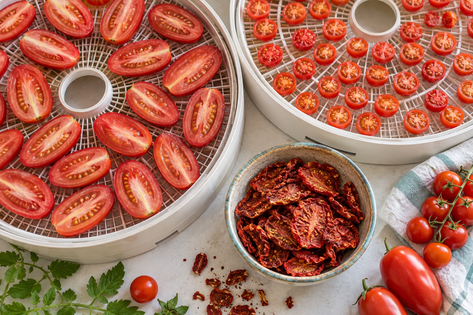 Roma and cherry tomatoes arranged on dehydrator trays beside a bowl of crisp dried tomato slices