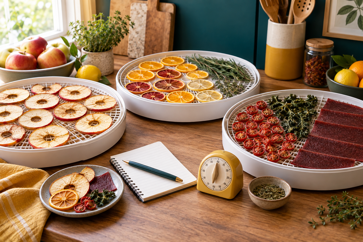Assorted fruit, herbs, vegetables, and fruit leather on dehydrator trays